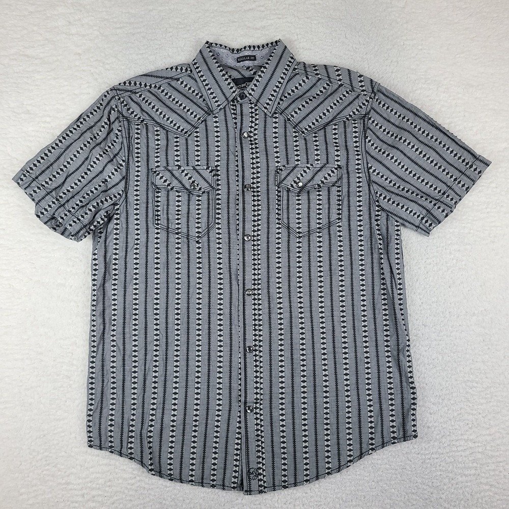 Moonshine Spirit Pearl Snap Shirt Mens Small Black Gray Striped Regular Fit
